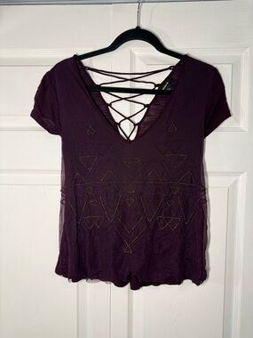 Y2K Forever 21 Plum Short-Sleeve V-Neck Tee with Crisscross Back